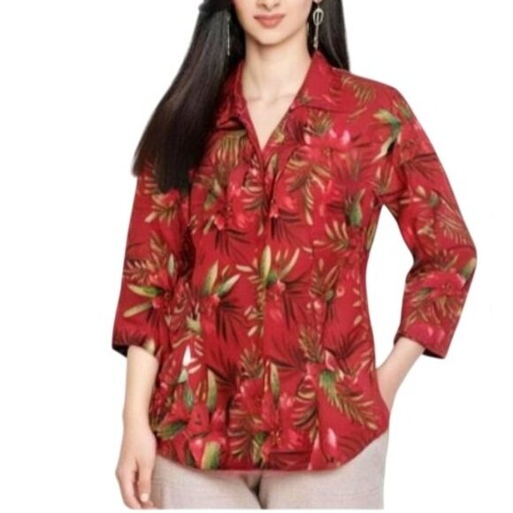 Silkland 100% Pure Silk Red Floral Print Button Front 3/4 Sleeve Blouse Size 10 - Picture 1 of 12